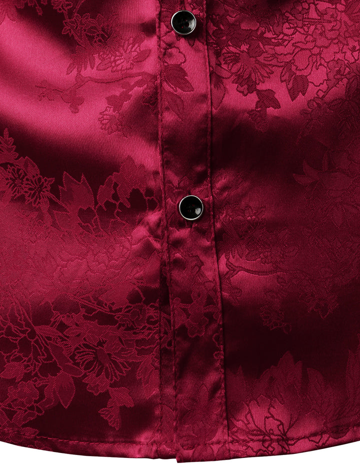 Chemise habillée boutonnée à manches longues en satin brillant et jacquard floral rouge pour homme