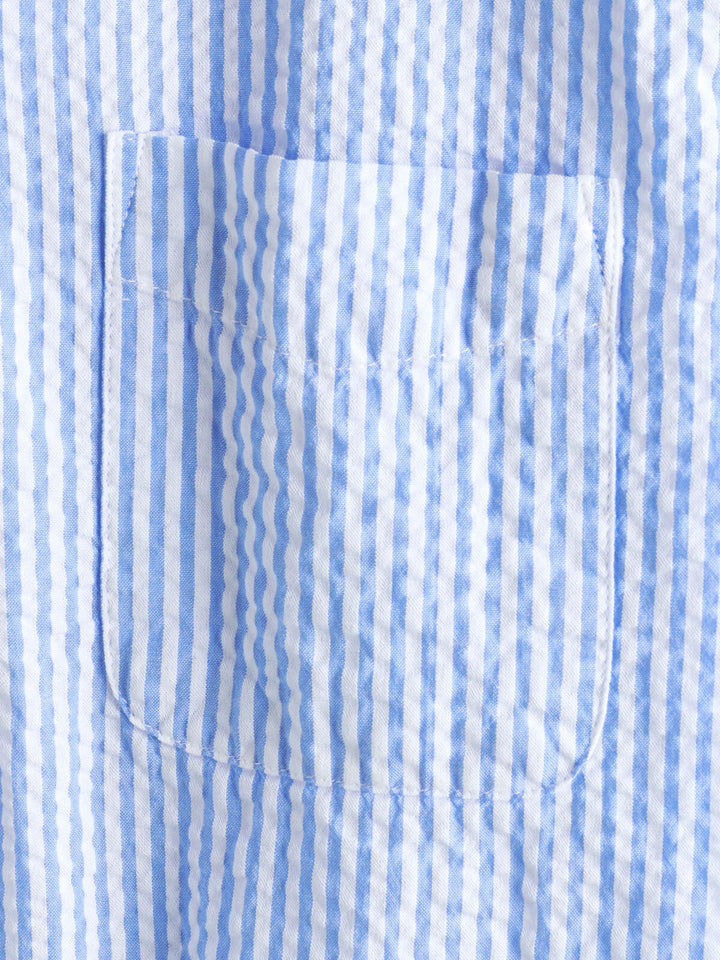 Coton Bleu Rayé Homme Bouton d’été Haut Col Cubain Camp Chemise de plage à manches courtes