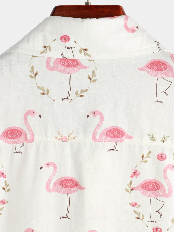Chemise décontractée à manches courtes en coton à imprimé flamant rose pour hommes