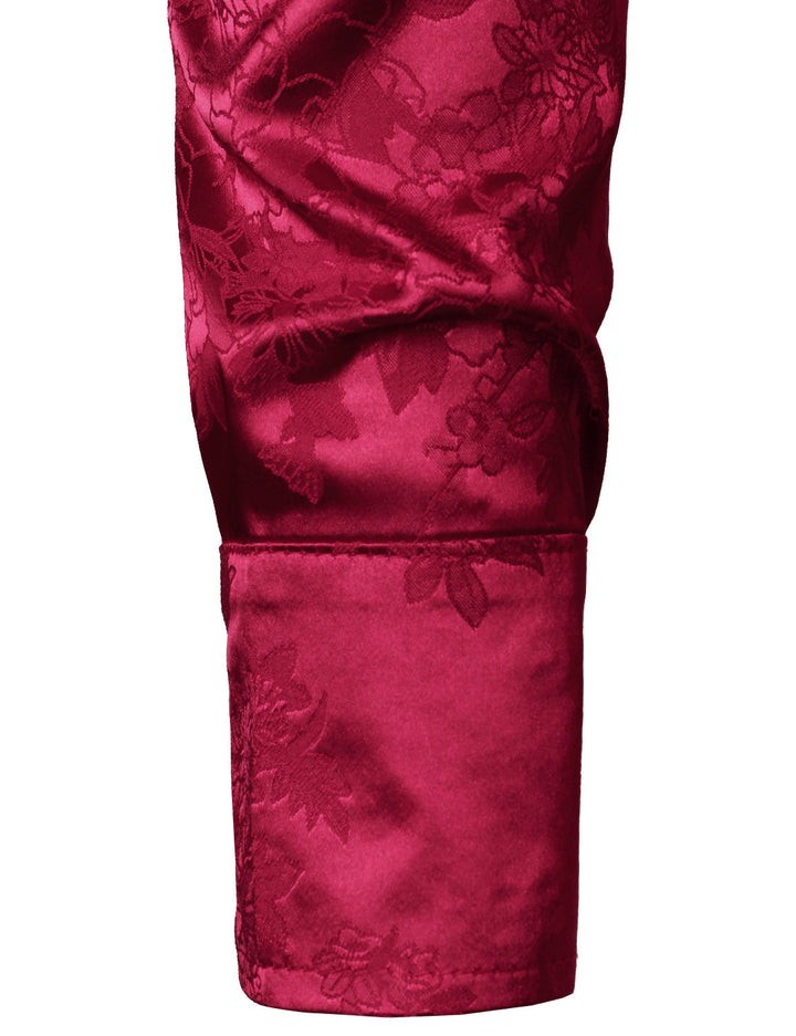 Chemise habillée boutonnée à manches longues en satin brillant et jacquard floral rouge pour homme