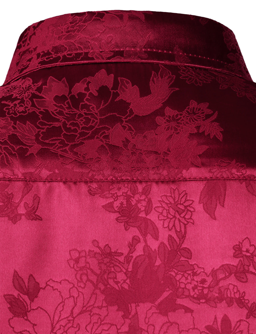 Chemise habillée boutonnée à manches longues en satin brillant et jacquard floral rouge pour homme