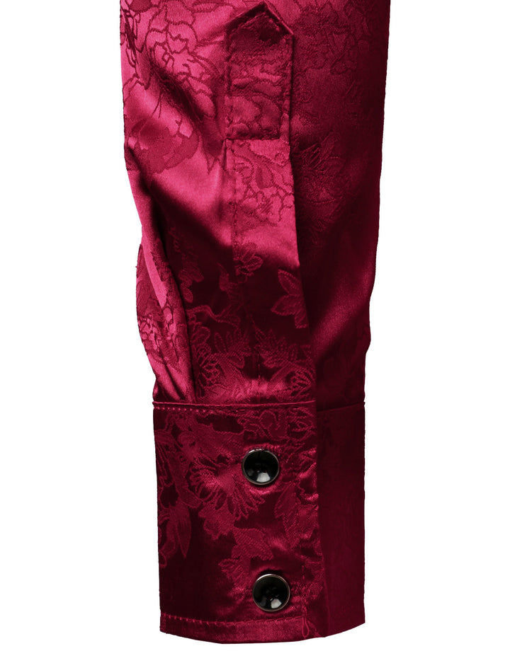 Chemise habillée boutonnée à manches longues en satin brillant et jacquard floral rouge pour homme