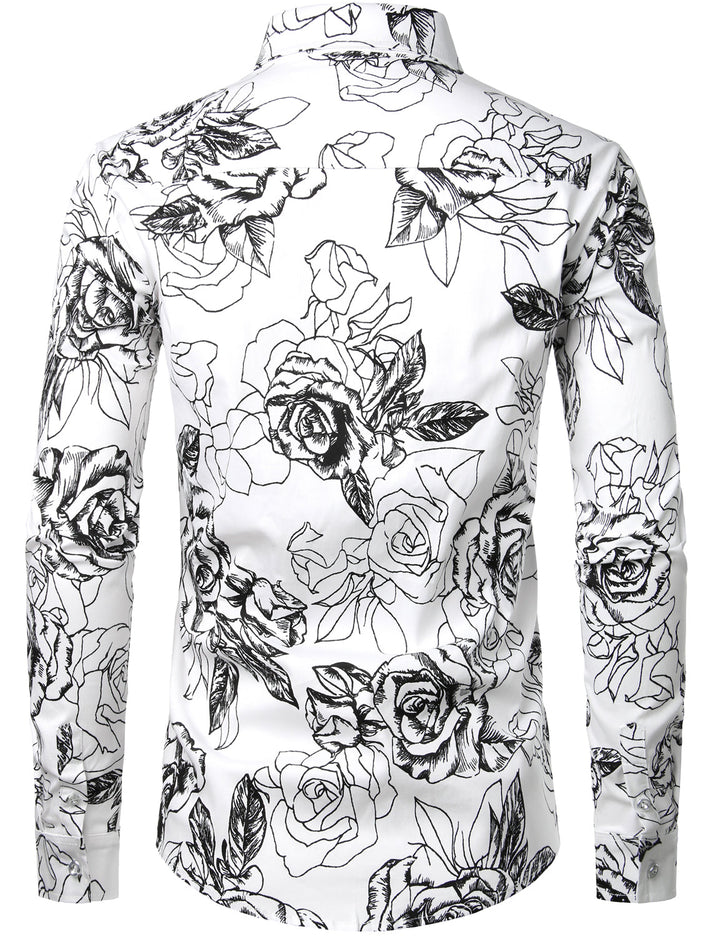 Chemise décontractée boutonnée à manches longues en coton à fleurs pour hommes