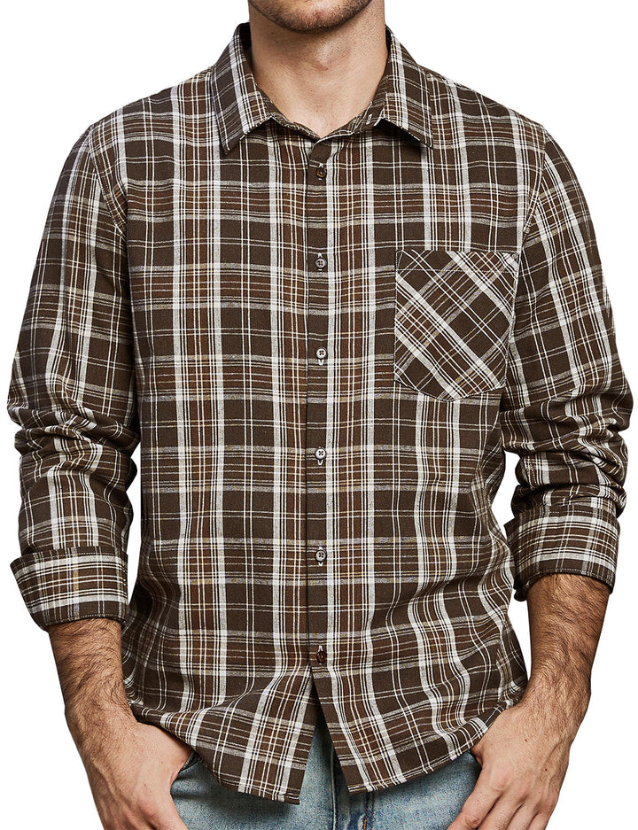 Chemise à manches longues à carreaux décontractée pour hommes avec poche rétro