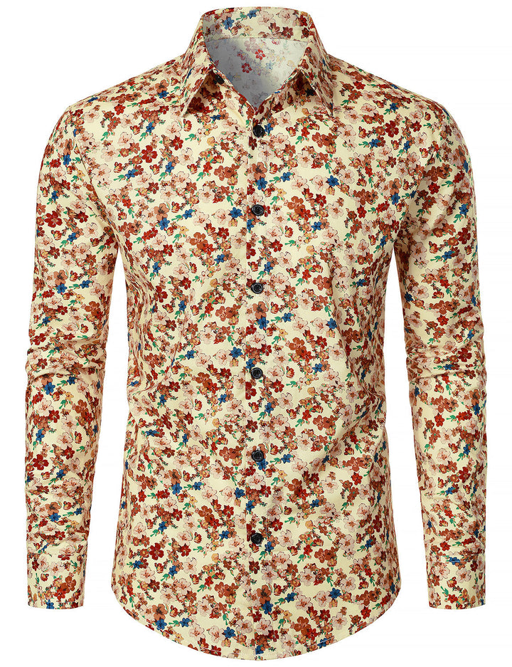 Chemise à manches longues en coton respirant à imprimé floral des années 70 pour homme