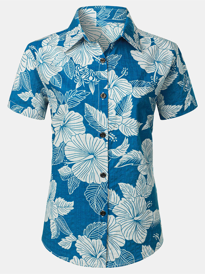 Chemisier à imprimé floral bleu pour femme, chemise hawaïenne en coton à manches courtes pour la plage, l&