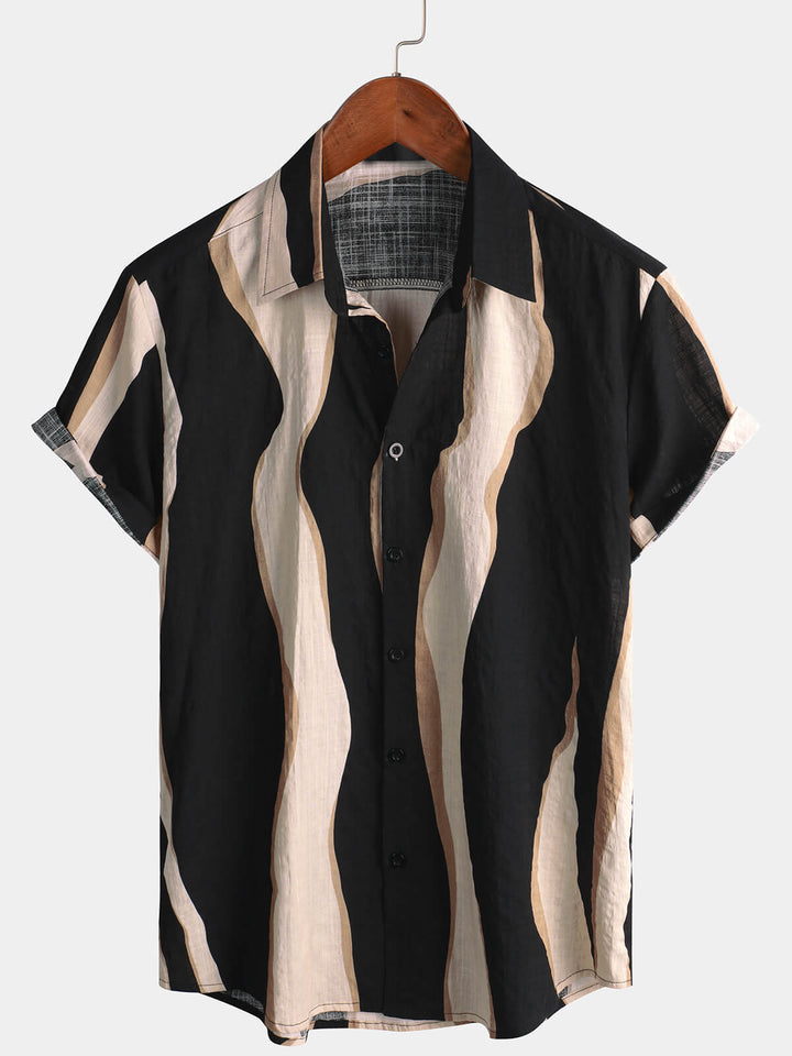 Chemise à manches courtes boutonnée noire décontractée à rayures pour hommes