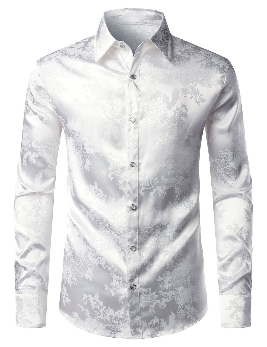 Chemise boutonnée à manches longues en satin brillant à motif jacquard floral pour homme