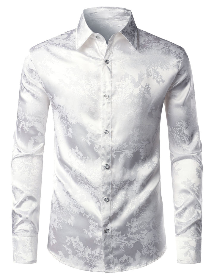 Chemise boutonnée à manches longues en satin brillant à motif jacquard floral pour homme