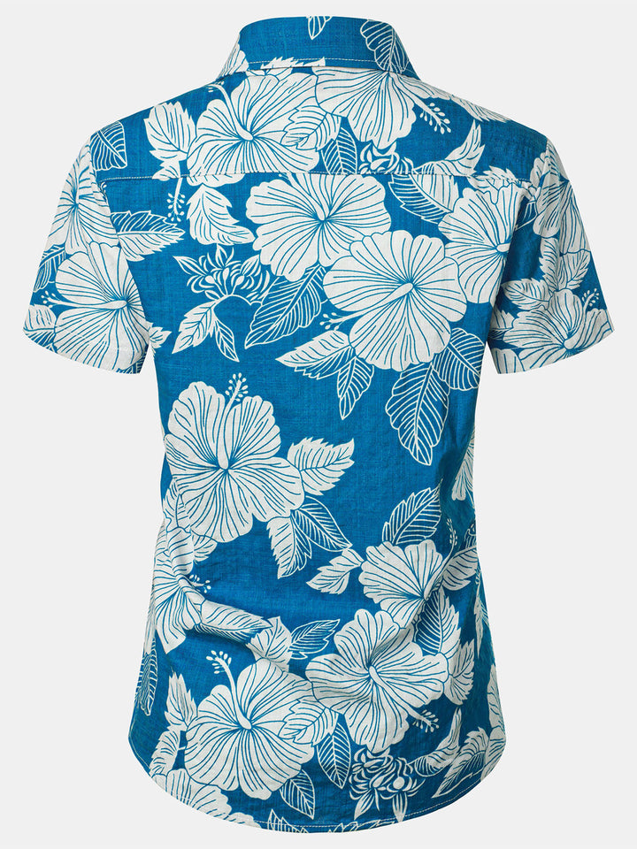 Chemisier à imprimé floral bleu pour femme, chemise hawaïenne en coton à manches courtes pour la plage, l&