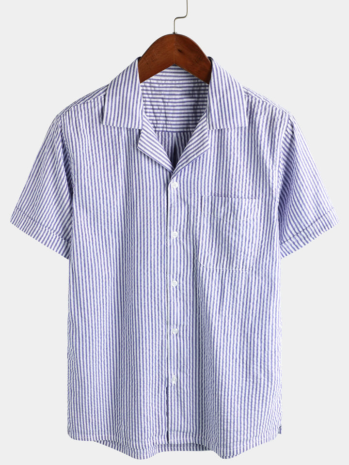 Coton Bleu Rayé Homme Bouton d’été Haut Col Cubain Camp Chemise de plage à manches courtes