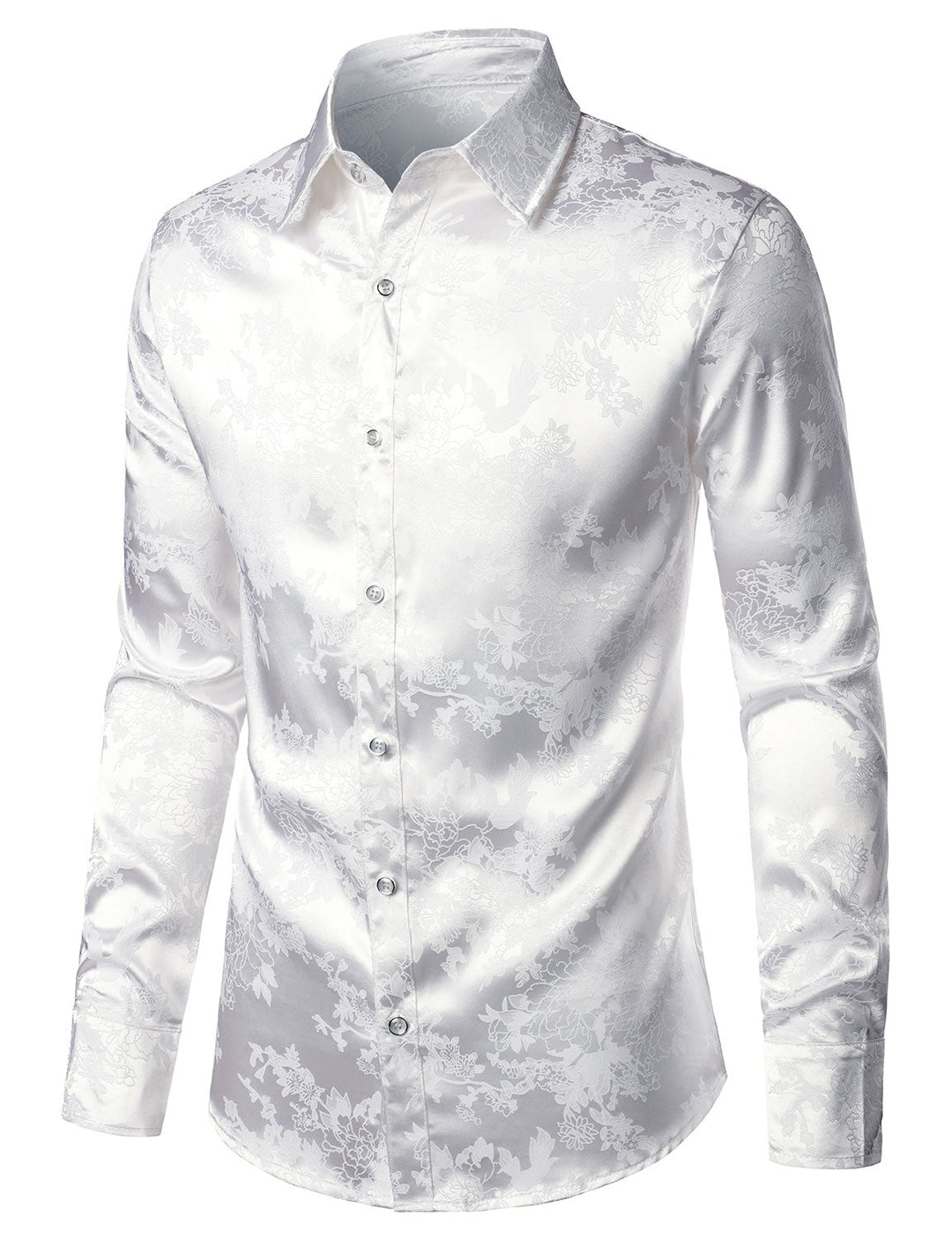 Chemise boutonnée à manches longues en satin brillant à motif jacquard floral pour homme
