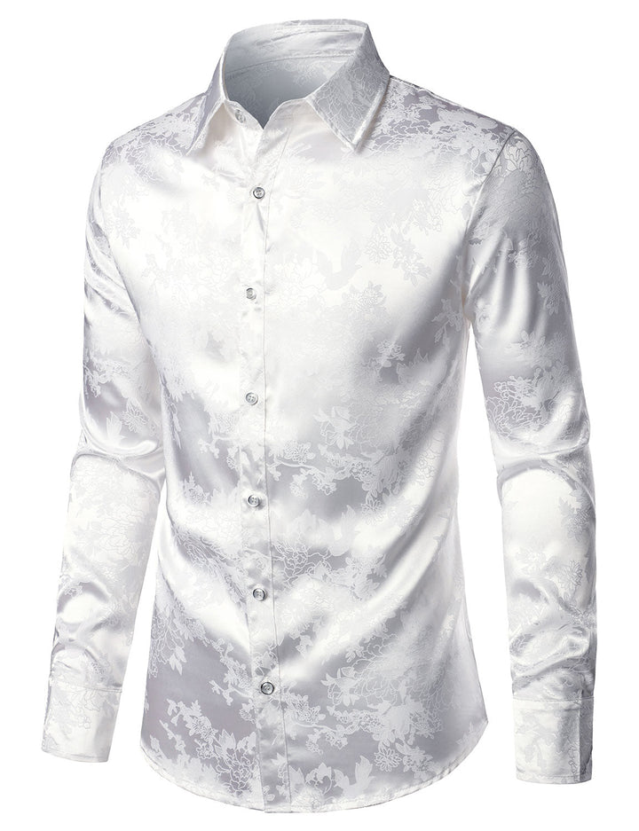 Chemise boutonnée à manches longues en satin brillant à motif jacquard floral pour homme