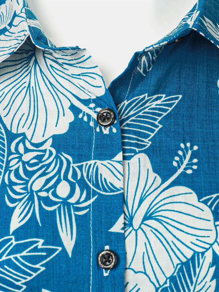 Chemisier à imprimé floral bleu pour femme, chemise hawaïenne en coton à manches courtes pour la plage, l&
