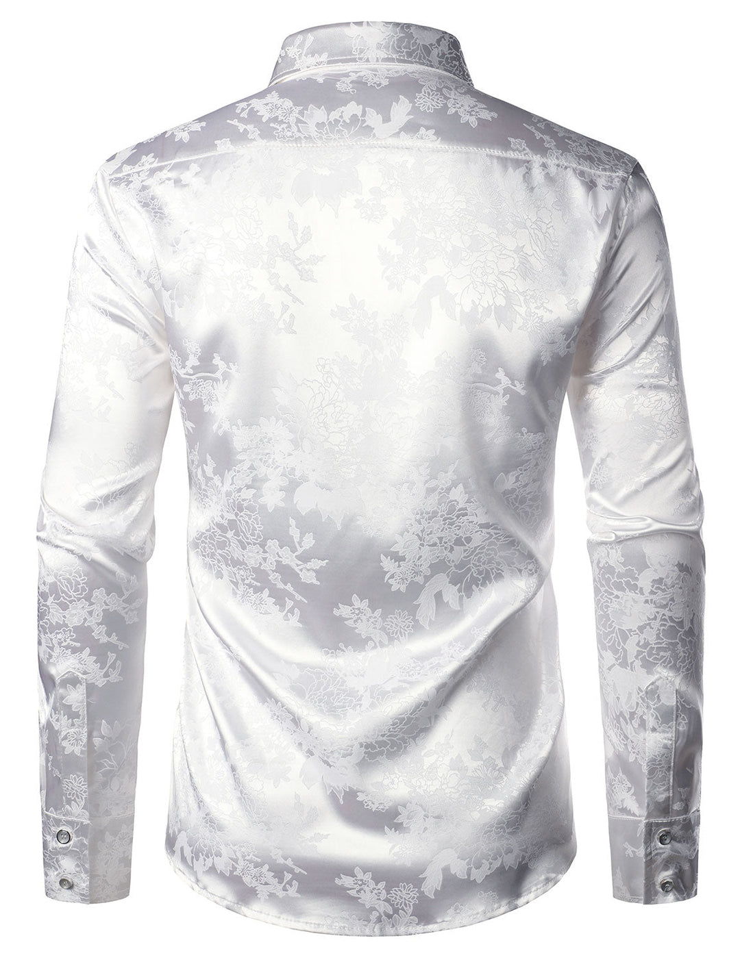 Chemise boutonnée à manches longues en satin brillant à motif jacquard floral pour homme