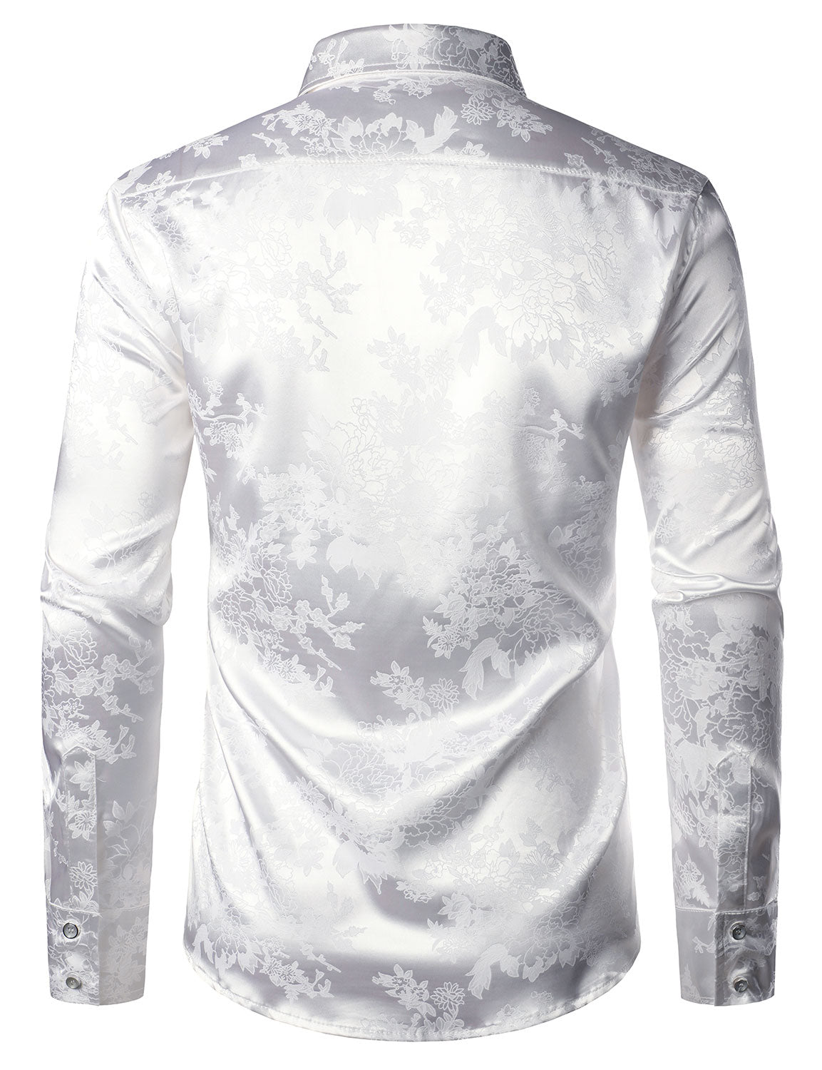 Chemise boutonnée à manches longues en satin brillant à motif jacquard floral pour homme
