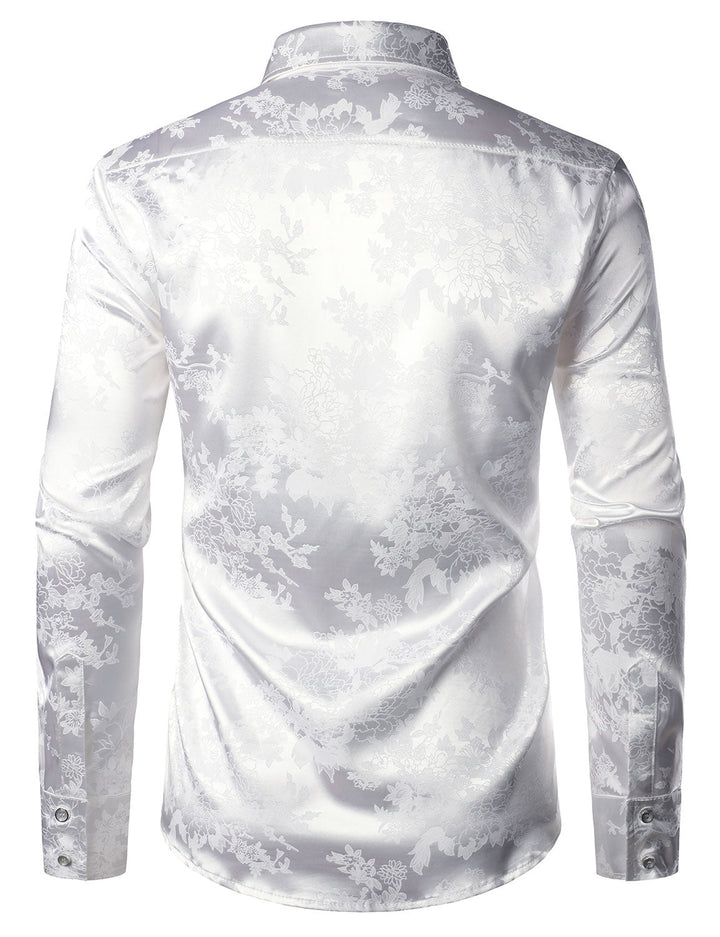 Chemise boutonnée à manches longues en satin brillant à motif jacquard floral pour homme