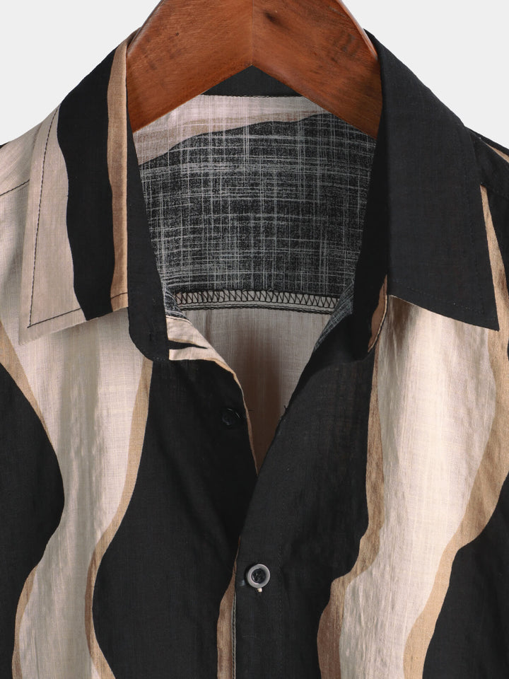 Chemise à manches courtes boutonnée noire décontractée à rayures pour hommes