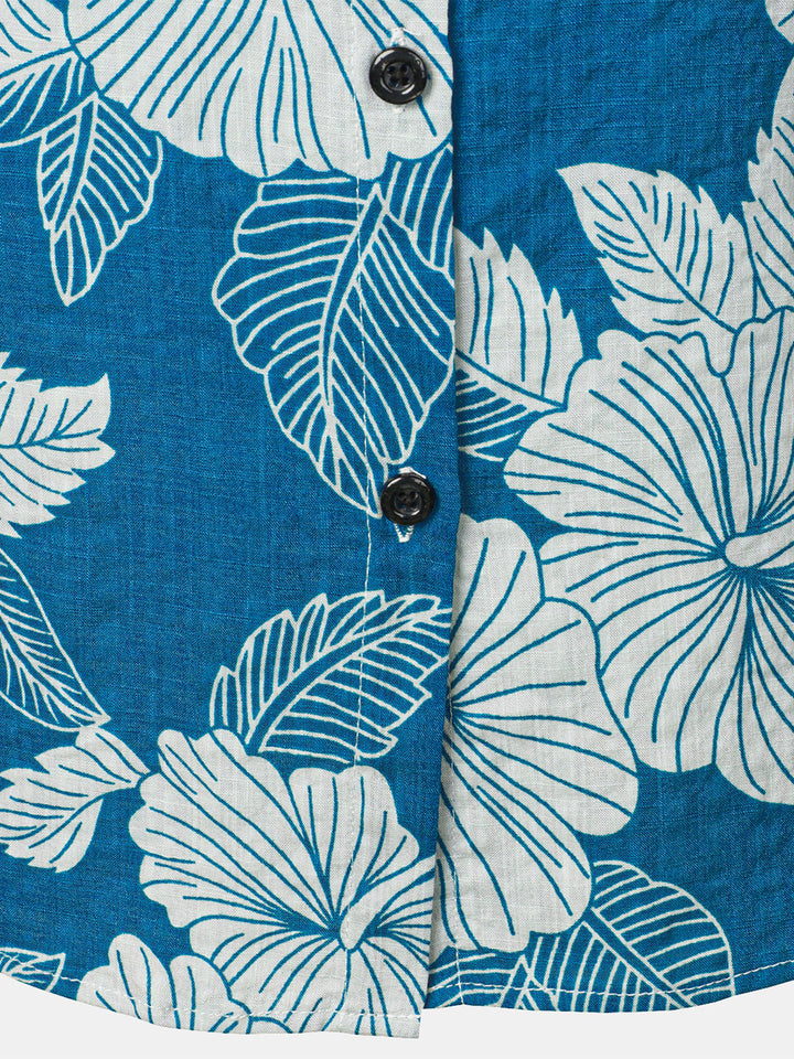 Chemisier à imprimé floral bleu pour femme, chemise hawaïenne en coton à manches courtes pour la plage, l&
