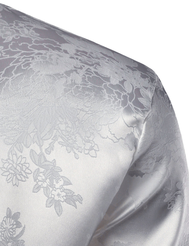 Chemise boutonnée à manches longues en satin brillant à motif jacquard floral pour homme