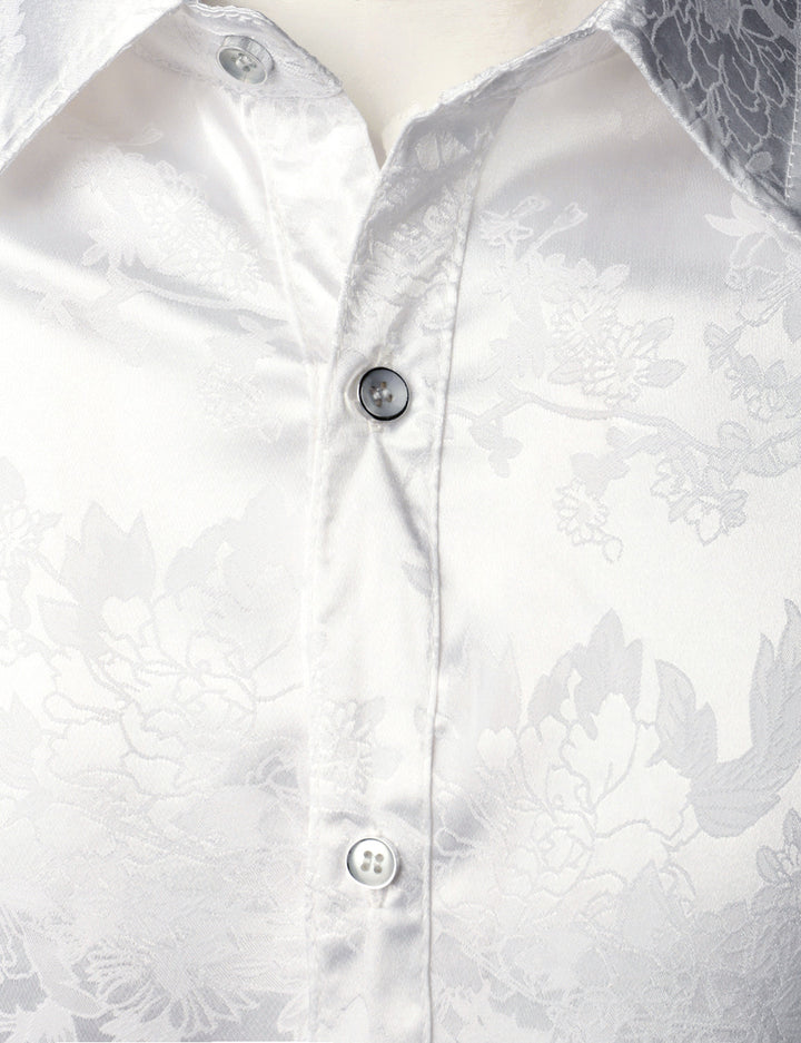 Chemise boutonnée à manches longues en satin brillant à motif jacquard floral pour homme