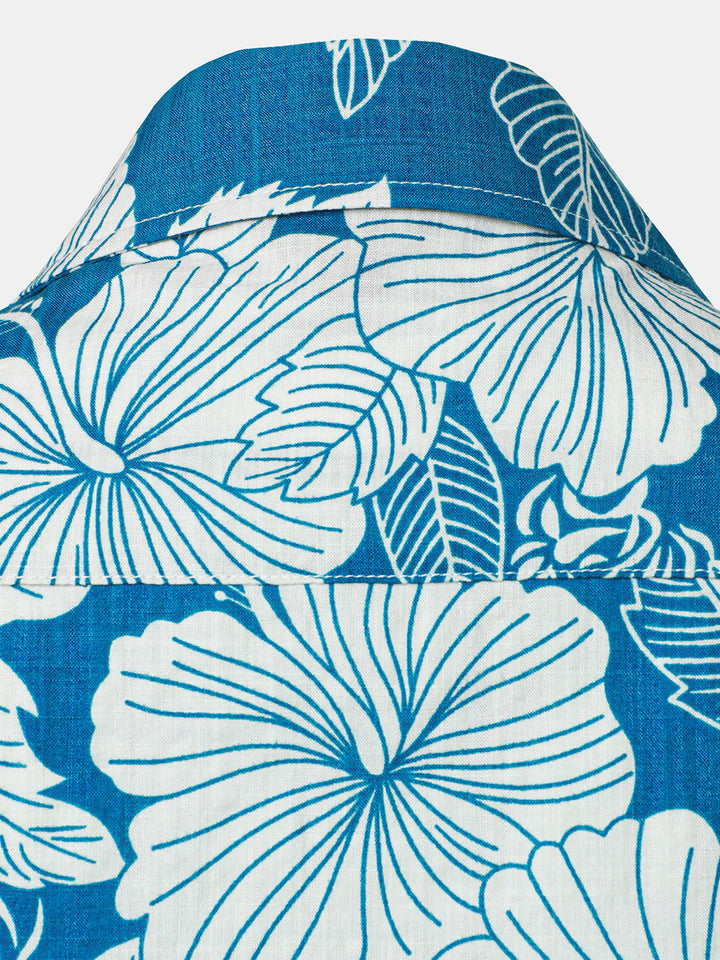 Chemisier à imprimé floral bleu pour femme, chemise hawaïenne en coton à manches courtes pour la plage, l&