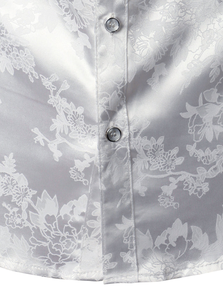 Chemise boutonnée à manches longues en satin brillant à motif jacquard floral pour homme