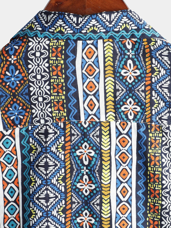 Chemise en coton à manches courtes imprimée patchwork pour homme