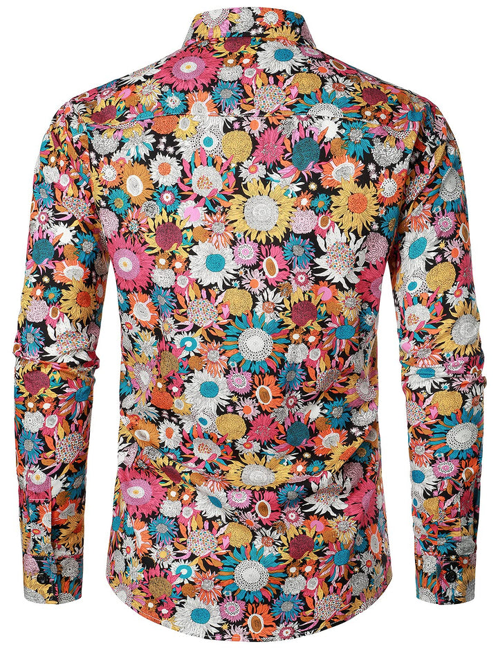 Chemise habillée à manches longues en coton fleuri pour hommes boutonnée des années 70