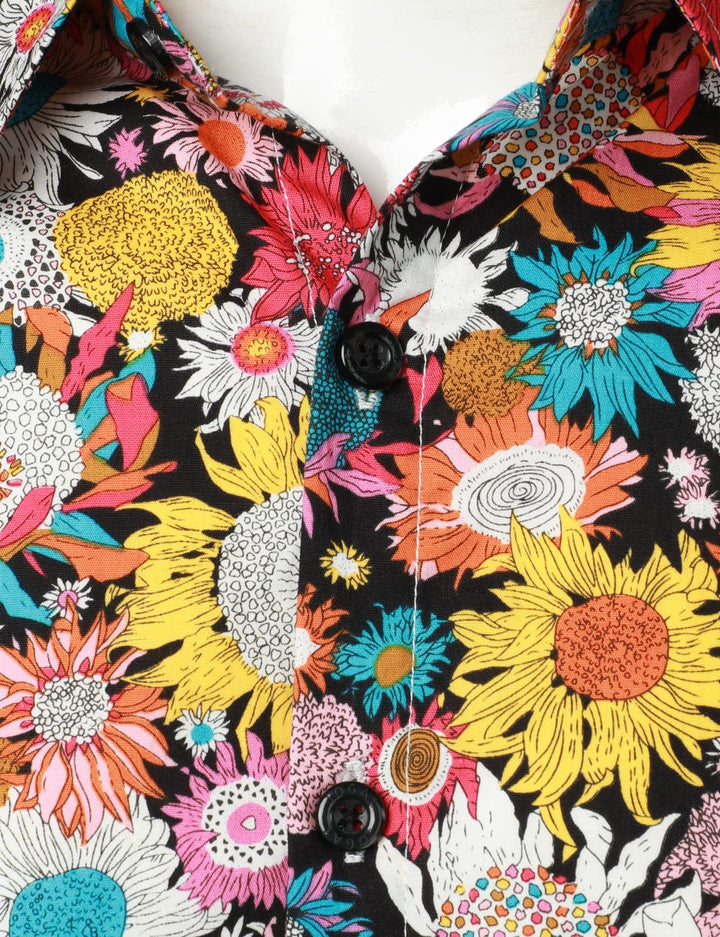 Chemise habillée à manches longues en coton fleuri pour hommes boutonnée des années 70