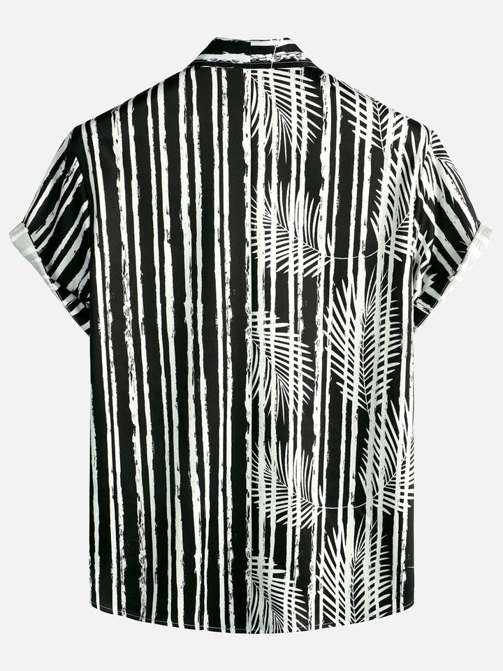 Chemise hawaïenne noire à manches courtes avec poche imprimée de plantes tropicales pour hommes