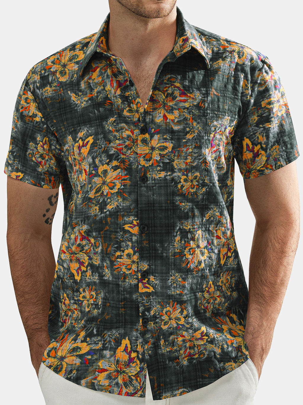 Chemise hawaïenne décontractée à manches courtes et motif floral pour homme