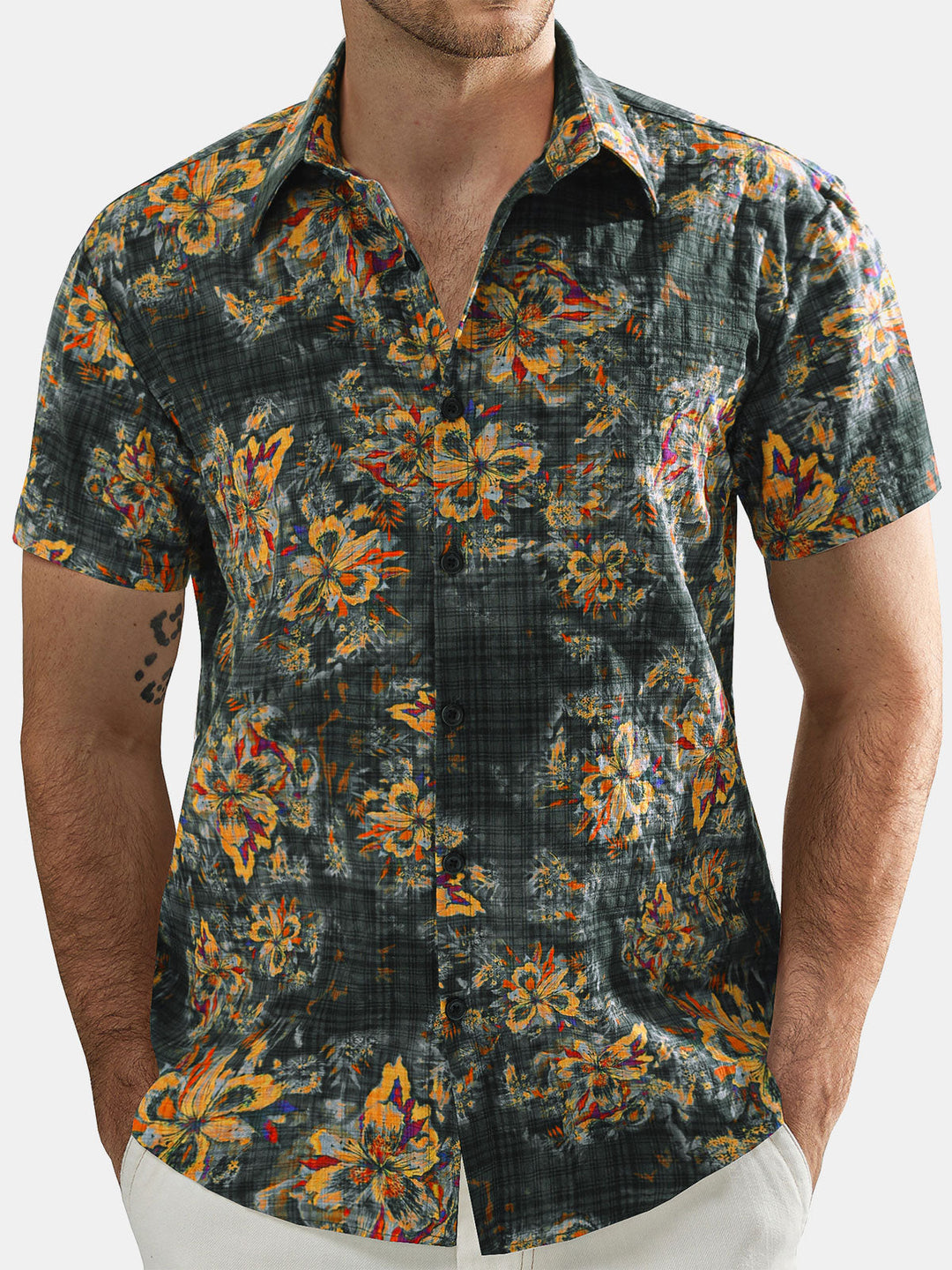 Chemise hawaïenne décontractée à manches courtes et motif floral pour homme