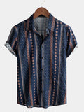 Chemise à Manches Courtes avec Boutons pour Homme, Rétro des Années 70, Rayures, Bleu Marine, Vintage