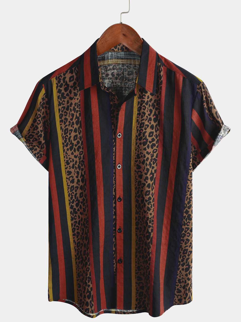 Chemise pour Homme à Rayures Verticales Léopard Vintage à Manches Courtes pour Vacances d'Été
