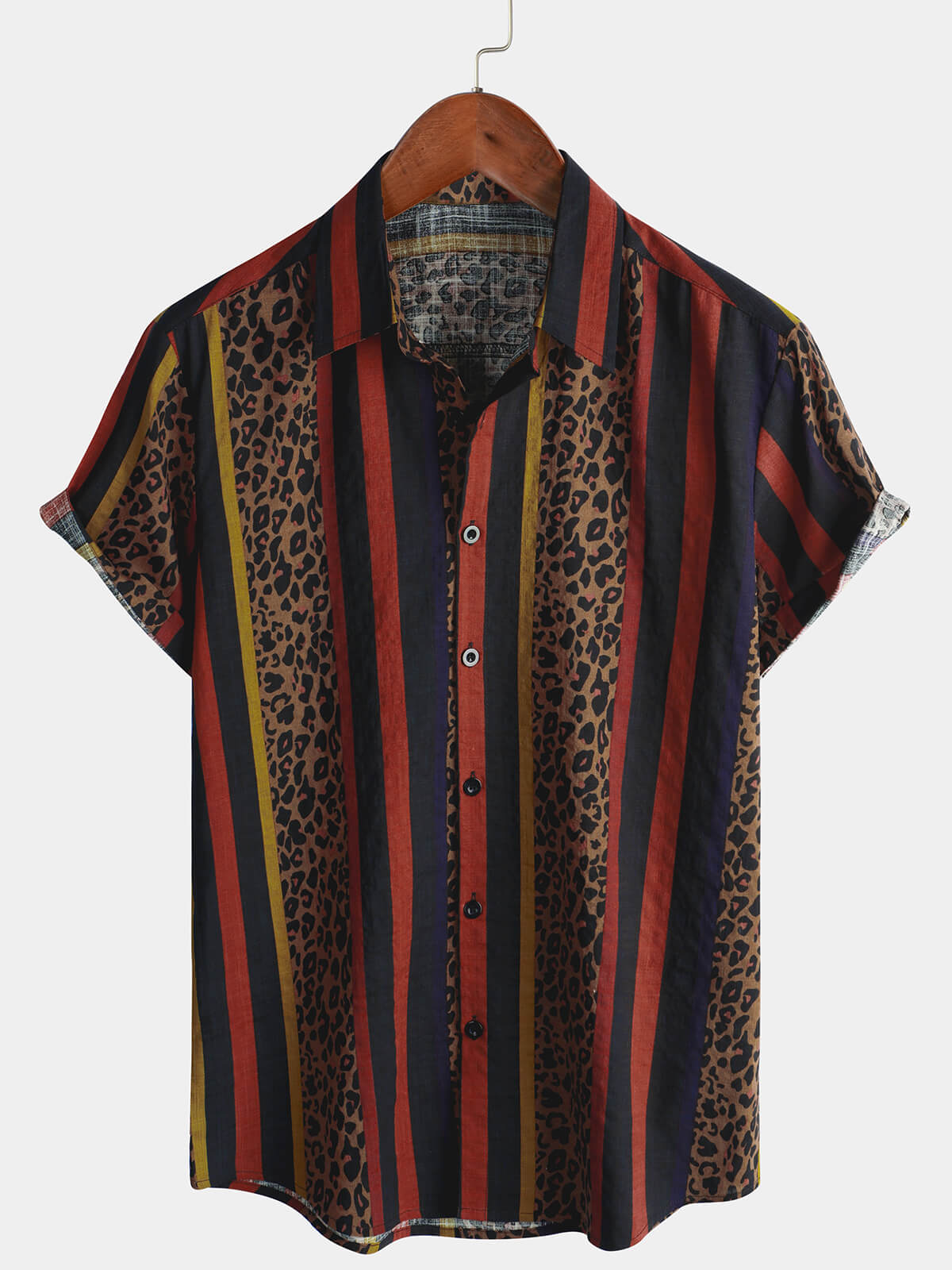 Chemise pour Homme à Rayures Verticales Léopard Vintage à Manches Courtes pour Vacances d'Été