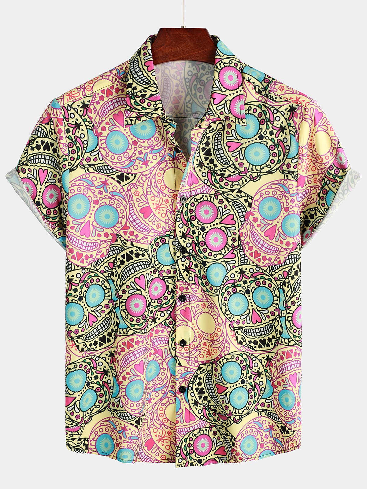 Chemise à Manches Courtes avec Imprimé de Crâne et Rose pour Homme