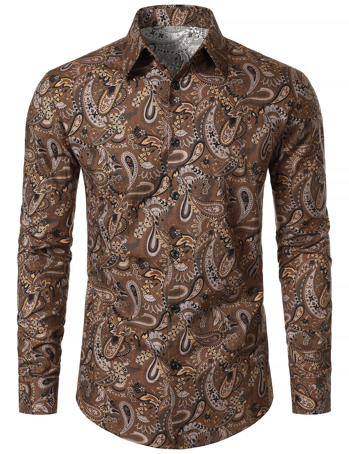 Chemise à manches longues en coton respirant marron à imprimé cachemire rétro pour homme