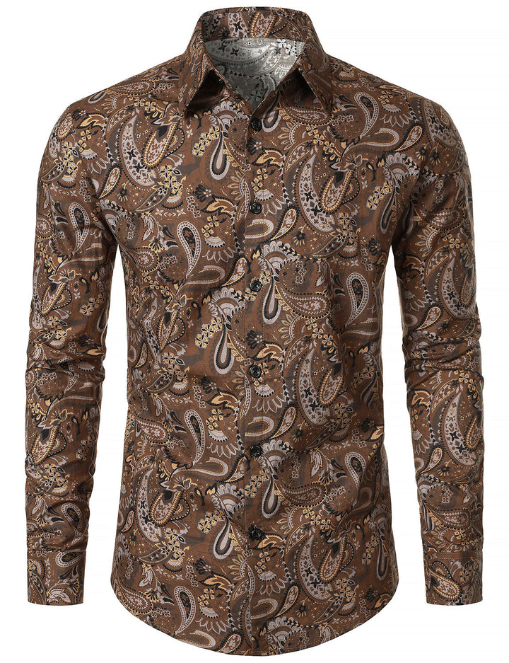 Chemise à manches longues en coton respirant marron à imprimé cachemire rétro pour homme