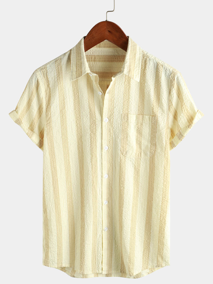 Chemise à manches courtes boutonnée pour hommes en coton rayé avec poche décontractée pour vacances hawaïennes