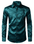 Chemise boutonnée décontractée à manches longues en satin brillant et jacquard floral pour homme