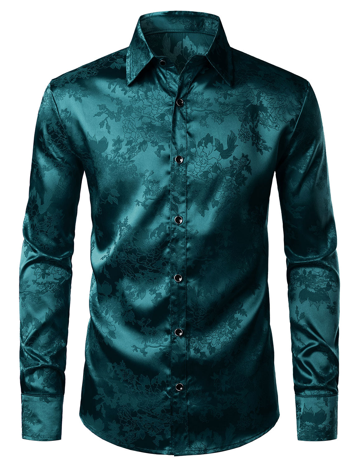 Chemise boutonnée décontractée à manches longues en satin brillant et jacquard floral pour homme