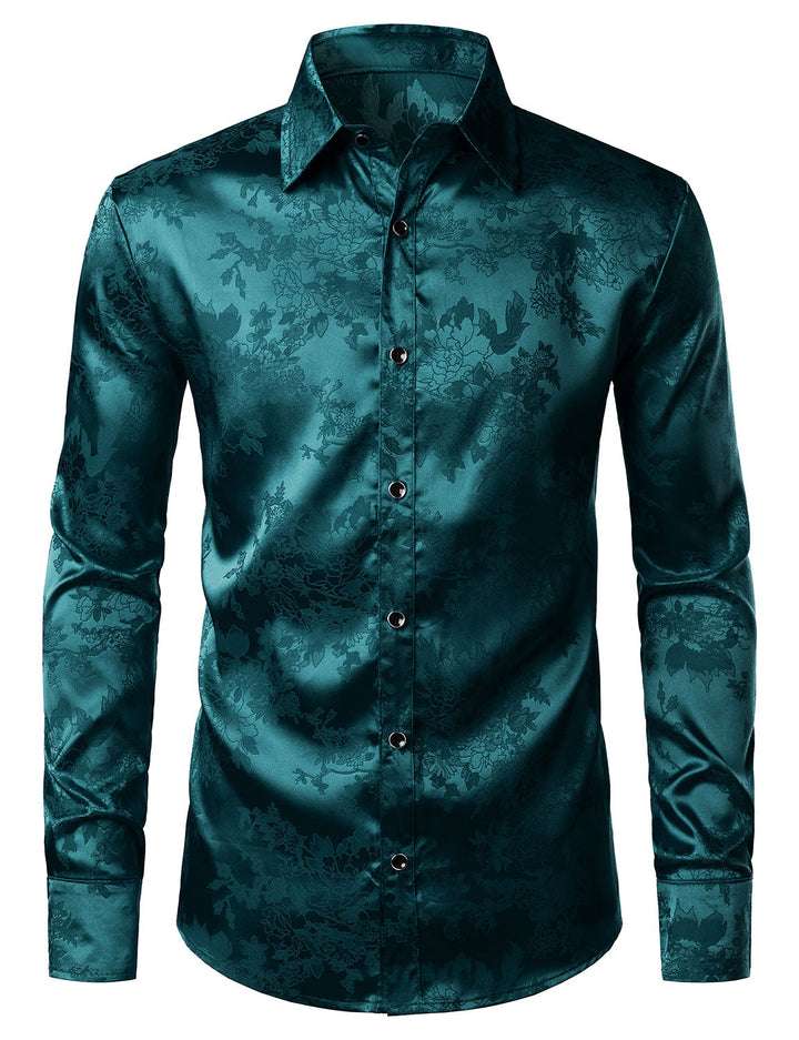 Chemise boutonnée décontractée à manches longues en satin brillant et jacquard floral pour homme
