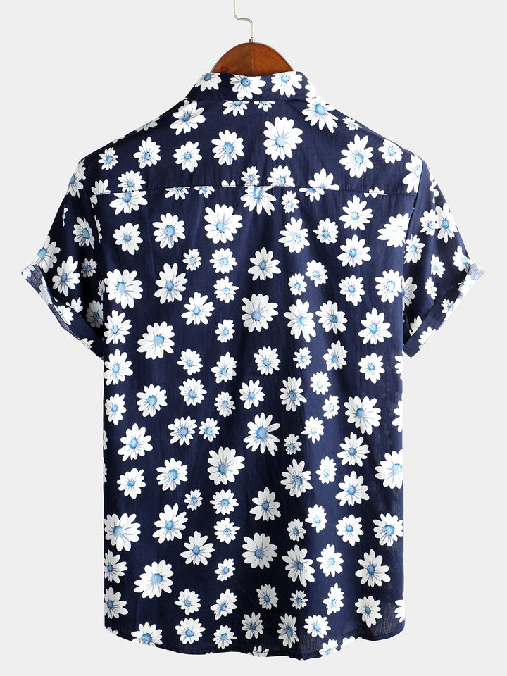 Chemise hawaïenne à manches courtes pour homme, bleu marine à marguerites