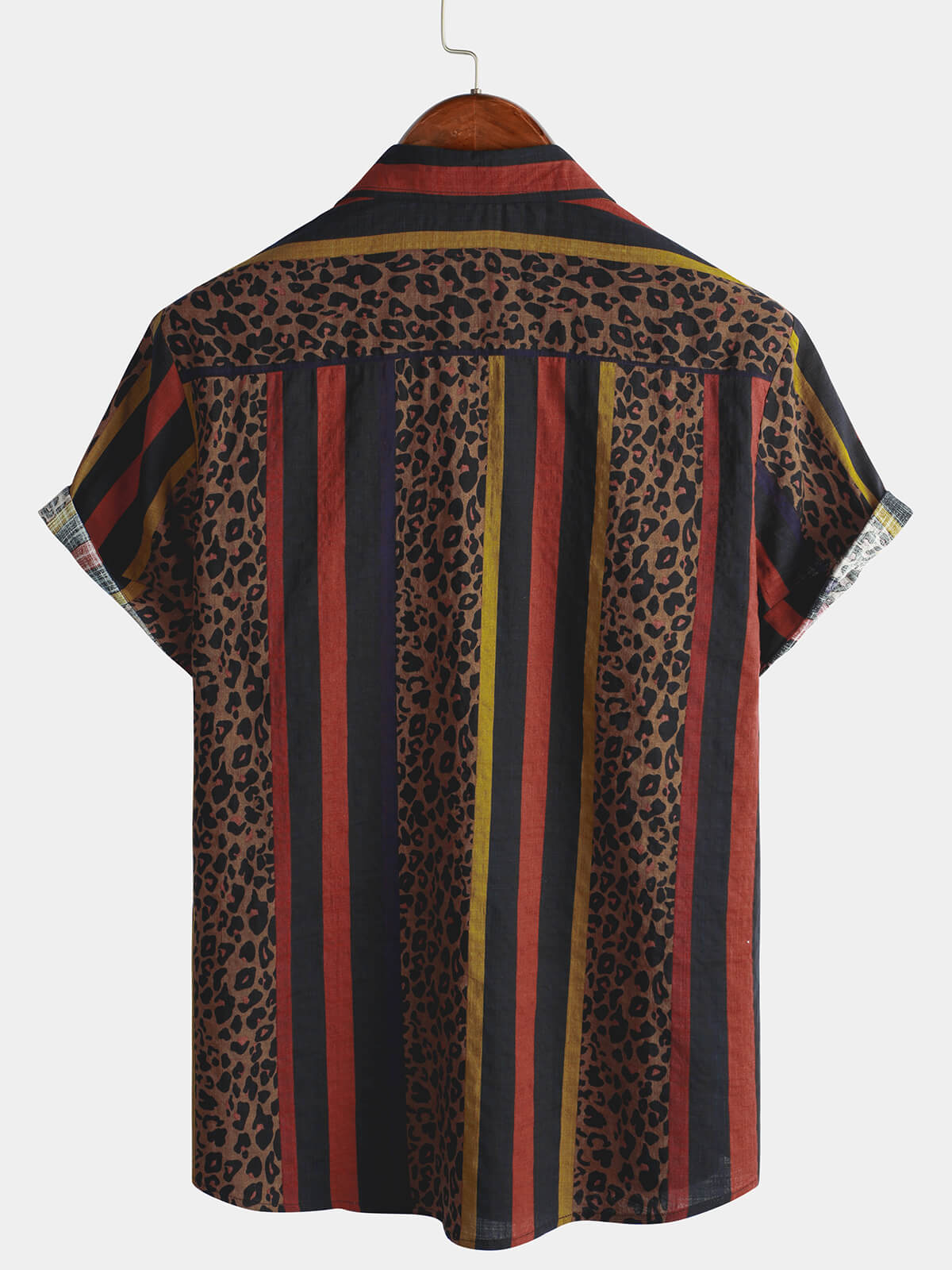 Chemise boutonnée à manches courtes pour hommes à rayures verticales vintage léopard