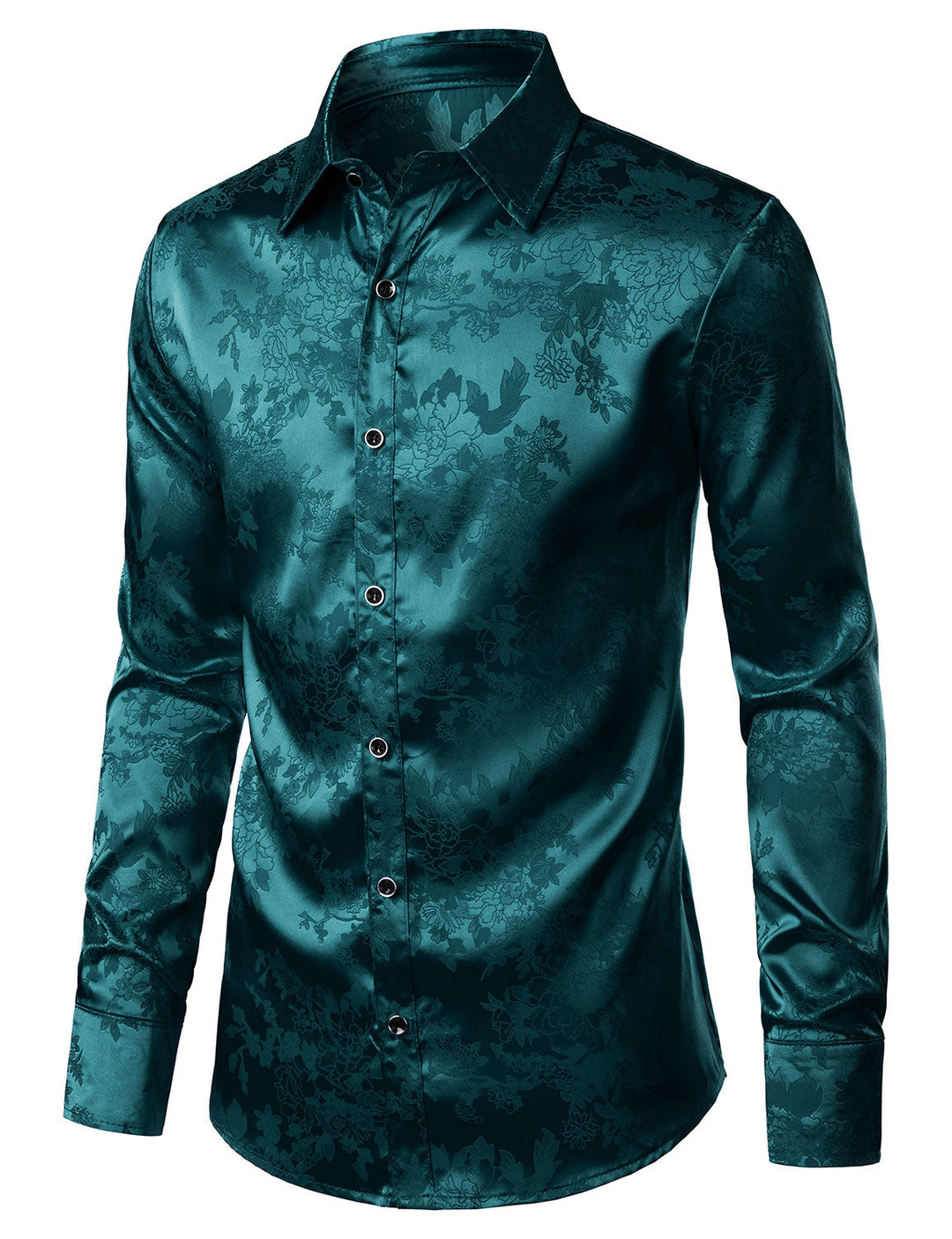 Chemise boutonnée décontractée à manches longues en satin brillant et jacquard floral pour homme