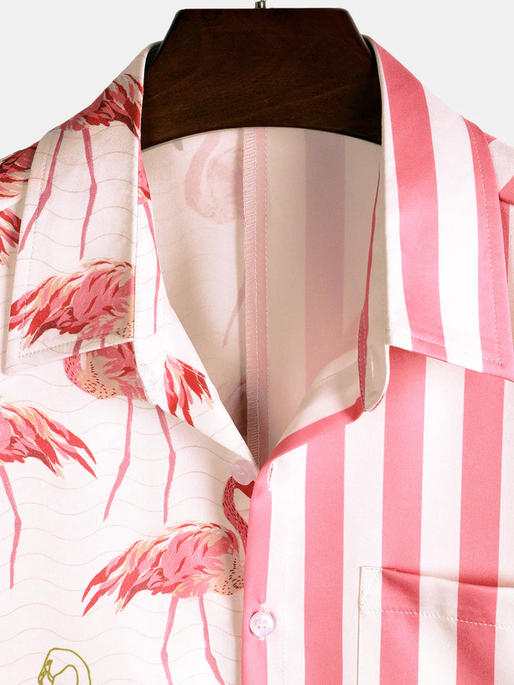 Chemise de camp de croisière de plage à manches courtes avec poche à imprimé animal flamant rose pour homme