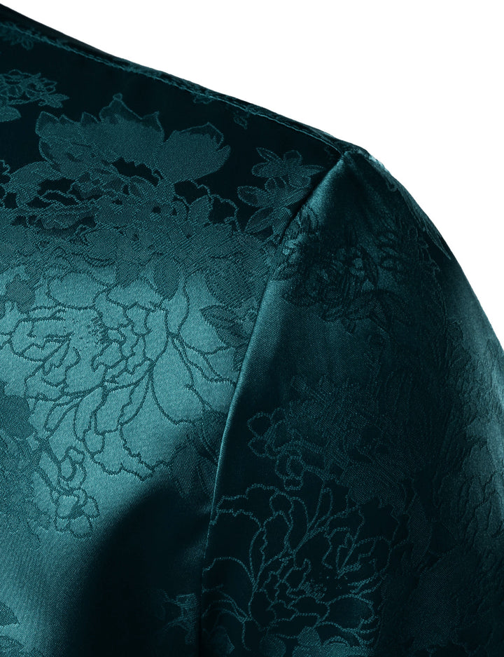 Chemise boutonnée décontractée à manches longues en satin brillant et jacquard floral pour homme
