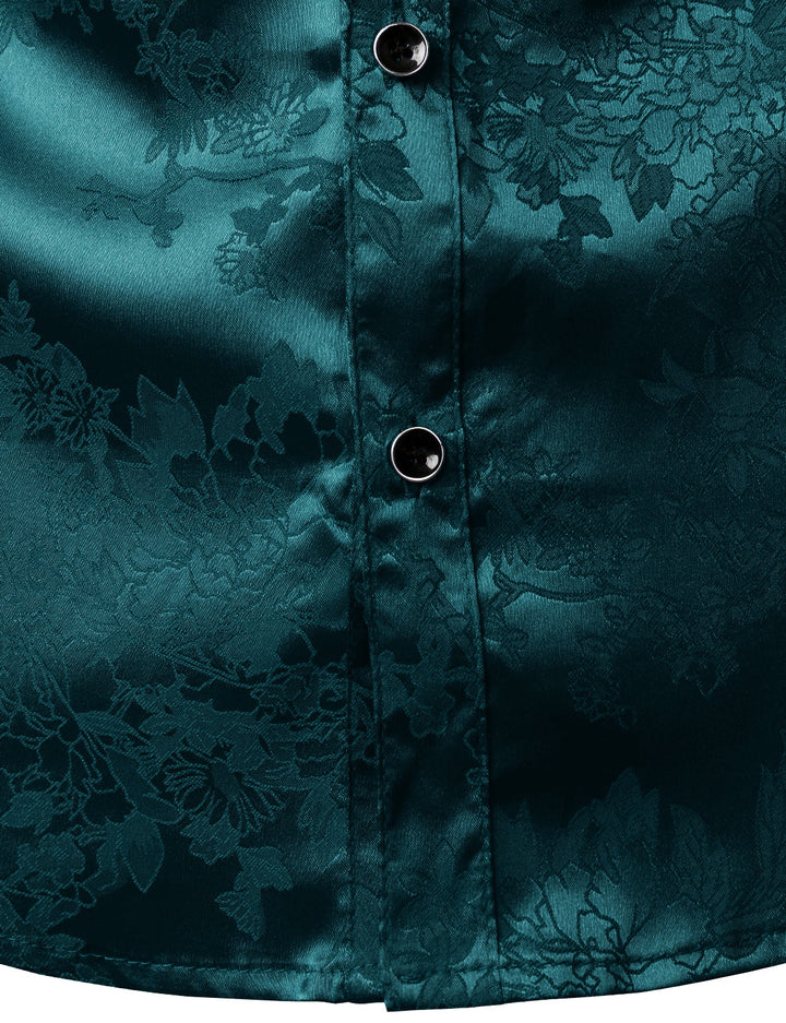 Chemise boutonnée décontractée à manches longues en satin brillant et jacquard floral pour homme