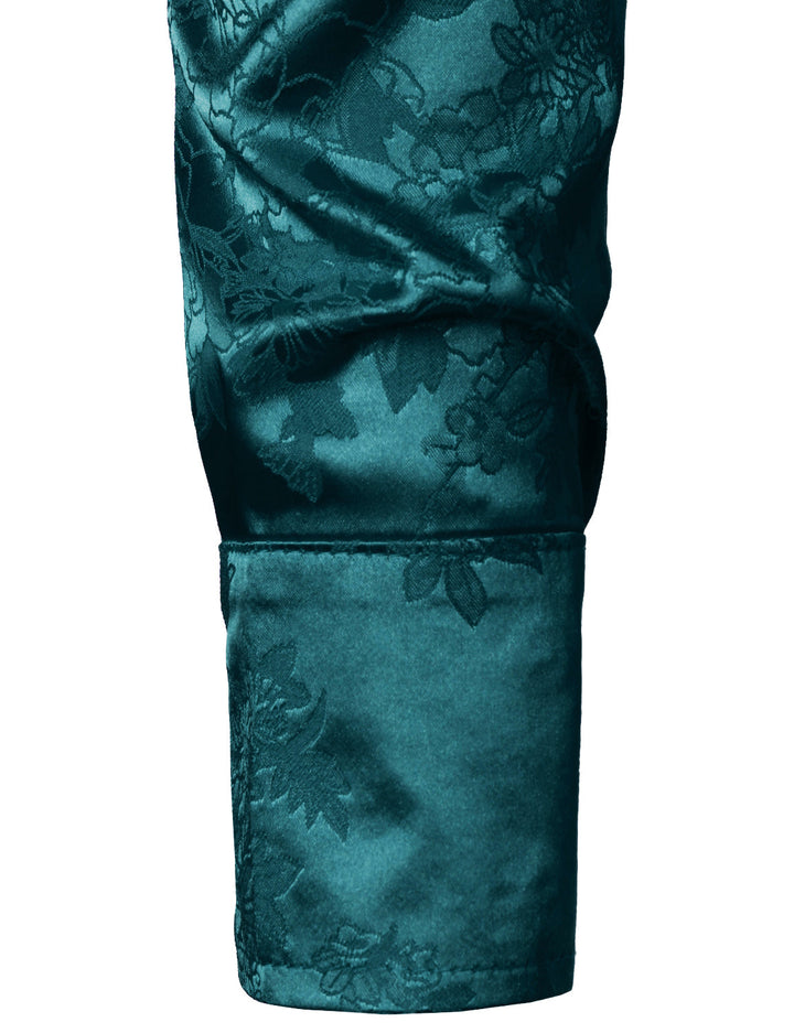 Chemise boutonnée décontractée à manches longues en satin brillant et jacquard floral pour homme